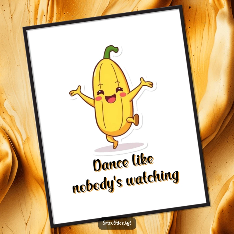Funny happy banana character poster doing a silly dance with leg kicks, vibrant and humorous fruit art.