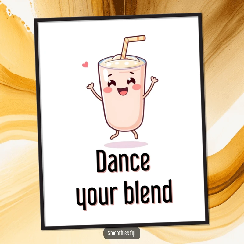 Funny cheerful Kawaii smoothie character doing a joyful dance with a straw, bringing vibrant, happy energy to a colorful poster.