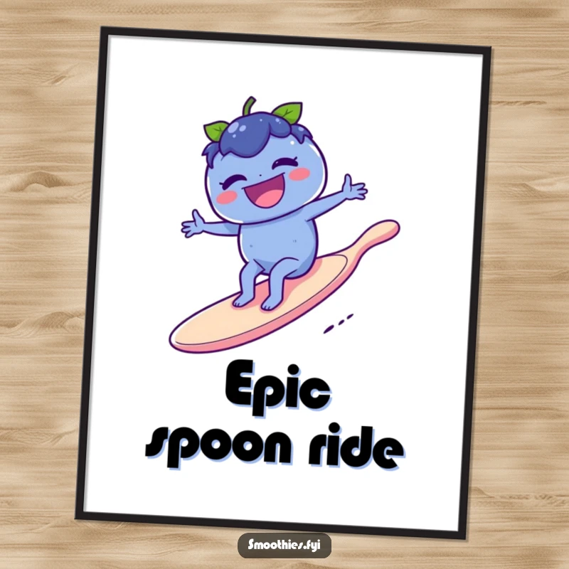 Funny blueberry laughing while riding a giant spoon like a surfboard on a poster, creating a lively and humorous wall piece.