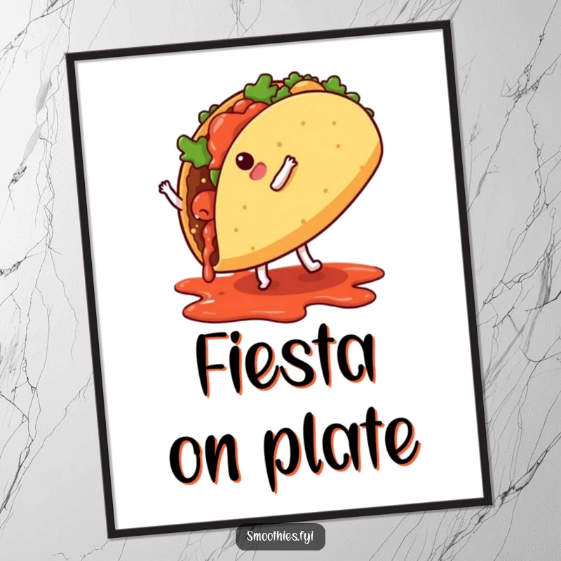Funny taco character performing a cartwheel with salsa dripping, a humorous and energetic poster for wall art.