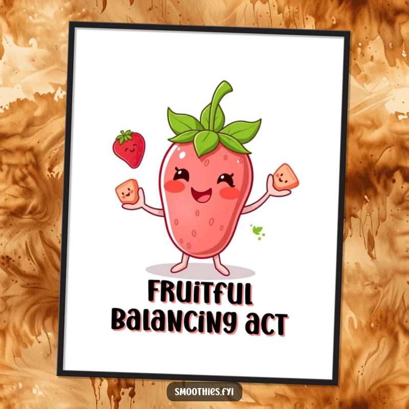 Funny poster of a smiling anthropomorphic strawberry smoothie juggling smaller fruit pieces, adding a burst of color and humor to your space.