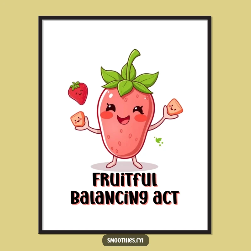 Funny Strawberry Smoothie Juggling Poster - Fruity Character Wall Art Funny Gift