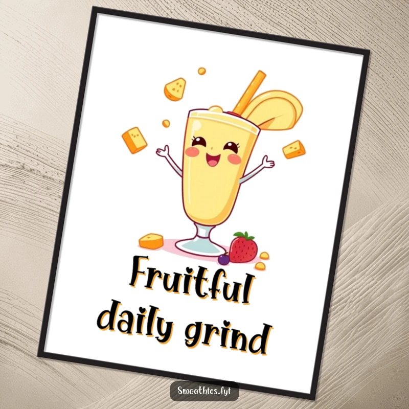 Funny banana smoothie artistically juggling fruits on a poster, radiating cheerfulness and skill. A humorous wall art.