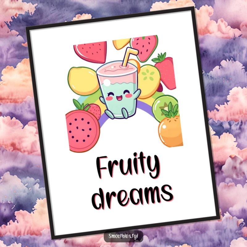Funny Poster: A laughing Kawaii smoothie character slides down a vibrant rainbow composed of various fruits.