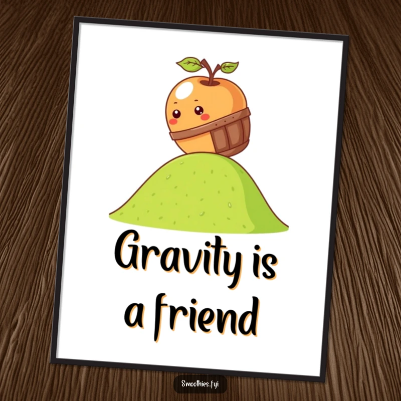 Funny kawaii apple poster showing an apple rolling down a hill in a miniature barrel, ideal for wall decor.