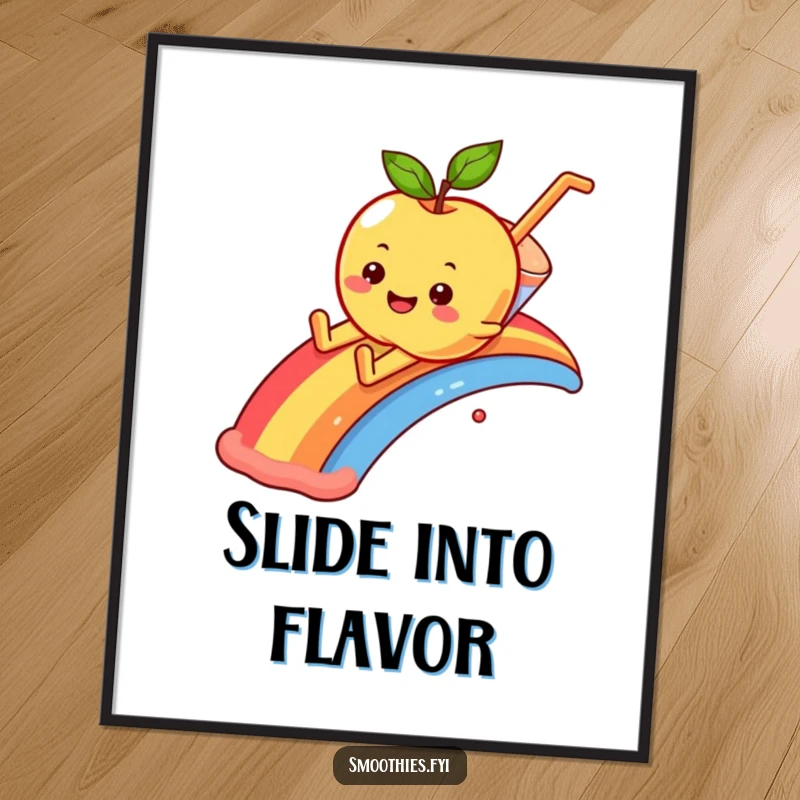 Funny smiling apple character playfully sliding down a rainbow into a smoothie, on a vibrant poster.