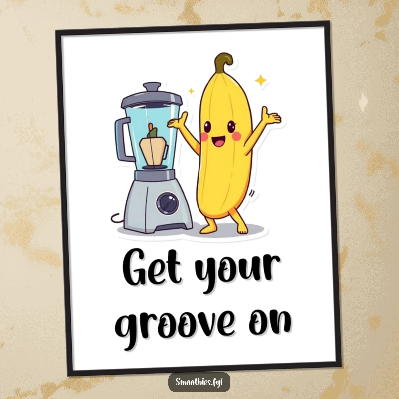 Funny banana character in a dramatic disco pose next to a blender, captured on a vibrant poster.