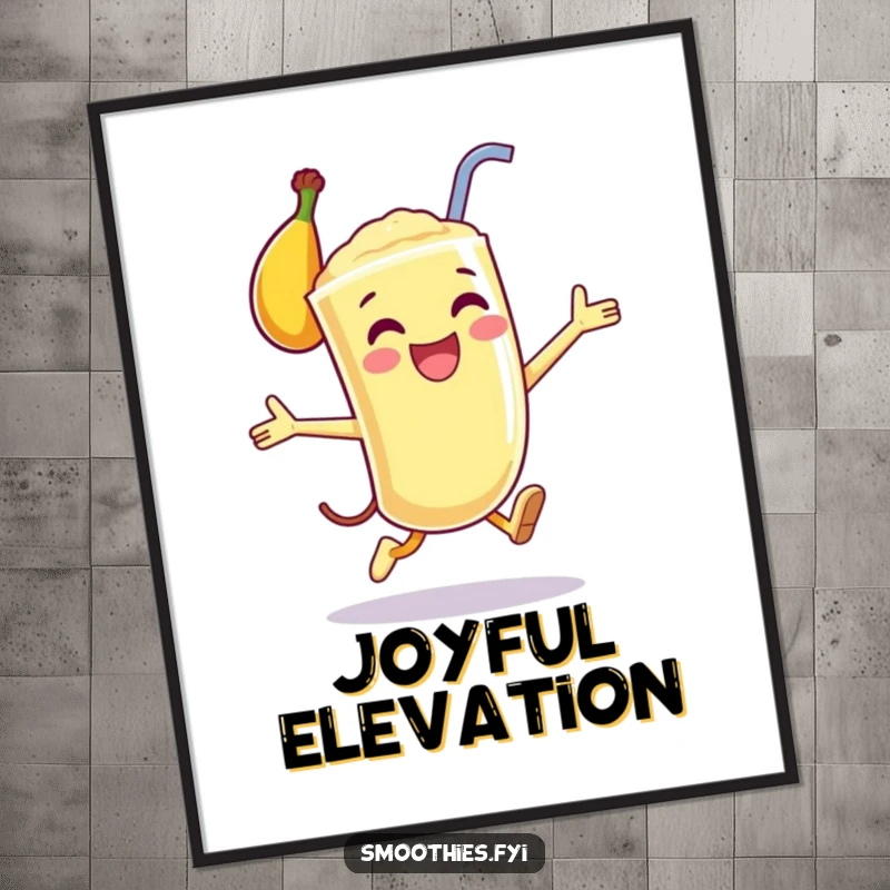 Funny poster of a happy anthropomorphic banana smoothie in a joyful leap, bringing an energetic and cheerful atmosphere to any room.