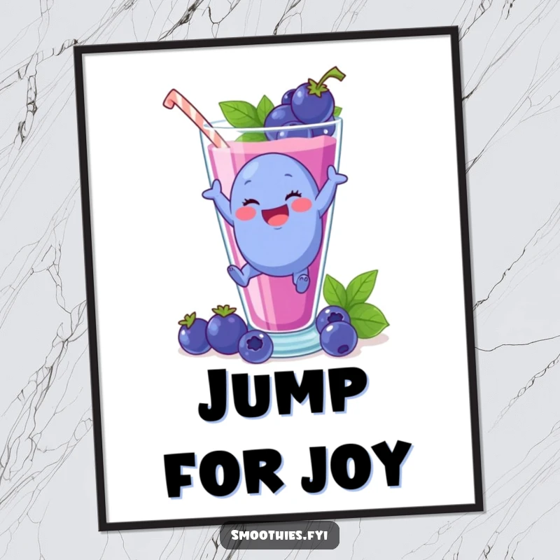 Funny plump blueberry character delightedly leaping into a giant smoothie glass, on a vibrant poster.