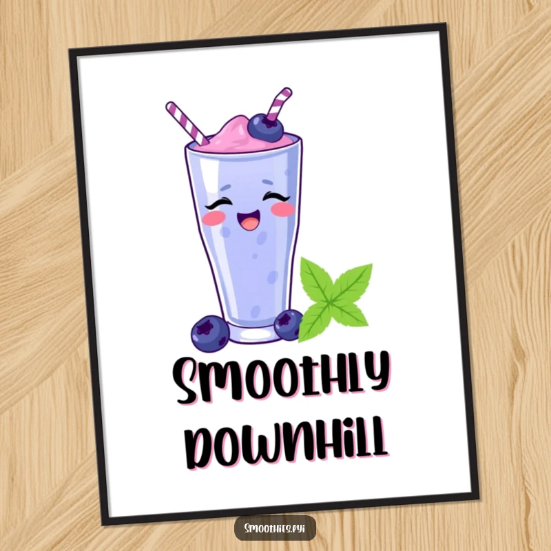 Funny blueberry smoothie artfully depicted sliding down a straw on a poster, radiating laughter and fun. A humorous wall art.