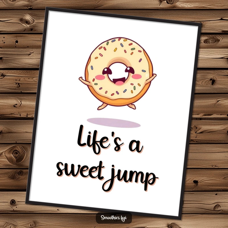 Funny donut poster art of a giggling donut with sprinkles doing a playful jump, adding sweet humor to walls.