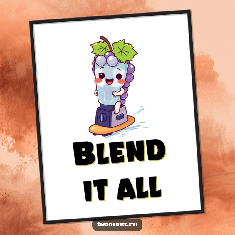 Funny giggling grape bunch surfing a mini blender like a surfboard, bringing whimsical fun to this poster.