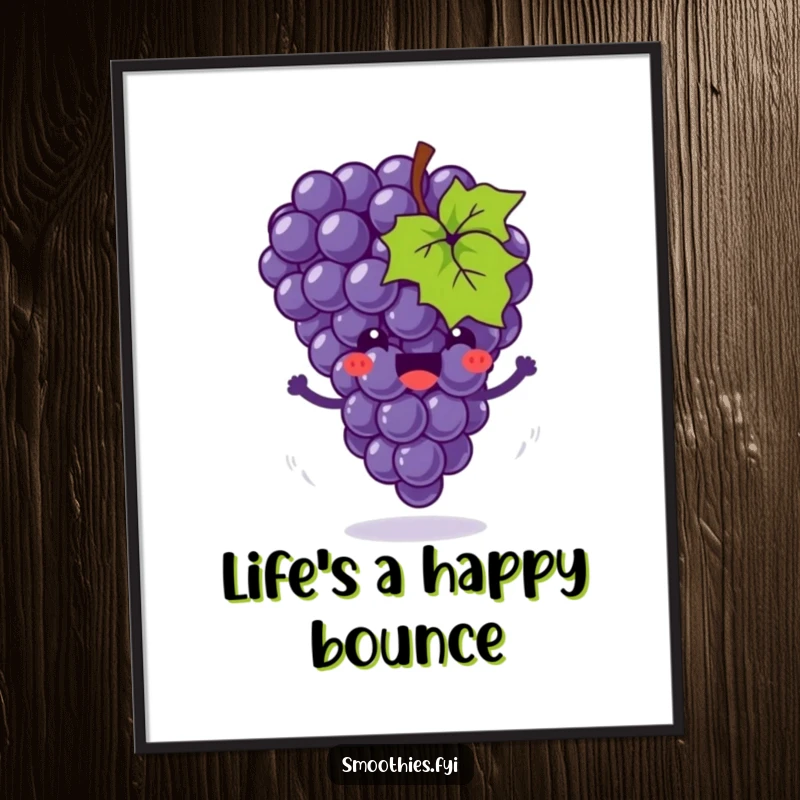 Funny poster featuring a joyful grape cluster happily bouncing with motion swirls, perfect for adding vibrant, humorous art.