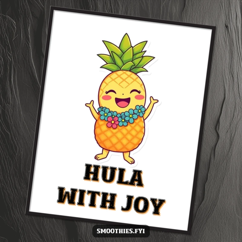 Funny laughing pineapple character poster with lei doing the hula, vibrant and humorous tropical art.
