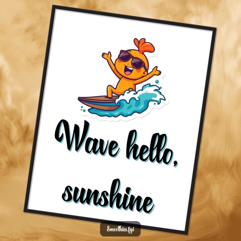 Funny joyful orange character wearing sunglasses, riding a wave on a wall poster, conveying cool, beachy humor.