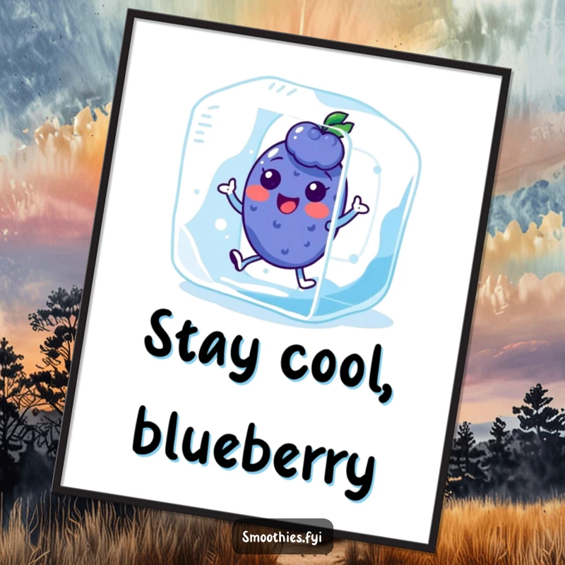Funny Kawaii Blueberry Poster showing a cute character hopping in an ice cube. Refreshing and humorous wall art.