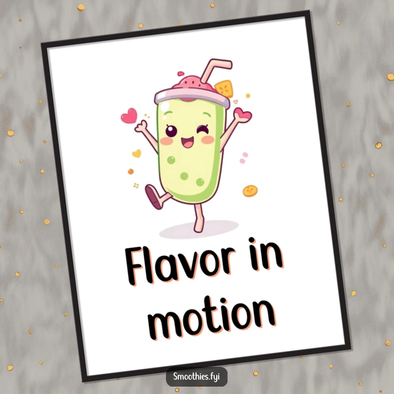 Funny Kawaii smoothie poster, character in a cartwheel with a vibrant splash of flavor, energetic and humorous wall art.