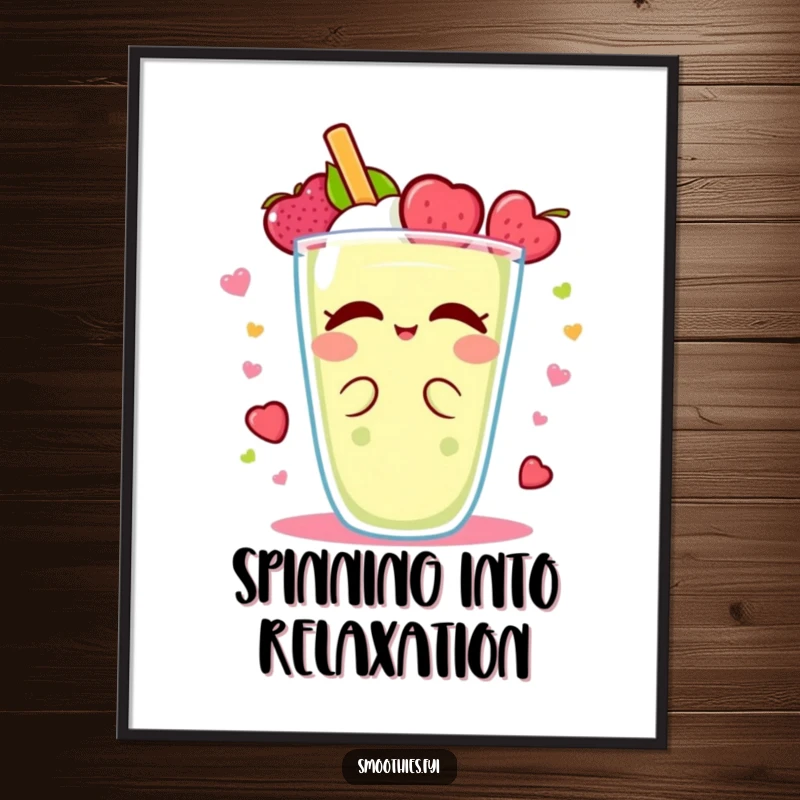 Funny Kawaii smoothie poster, character in a dynamic fruity delight spin, energetic and amusing wall art.