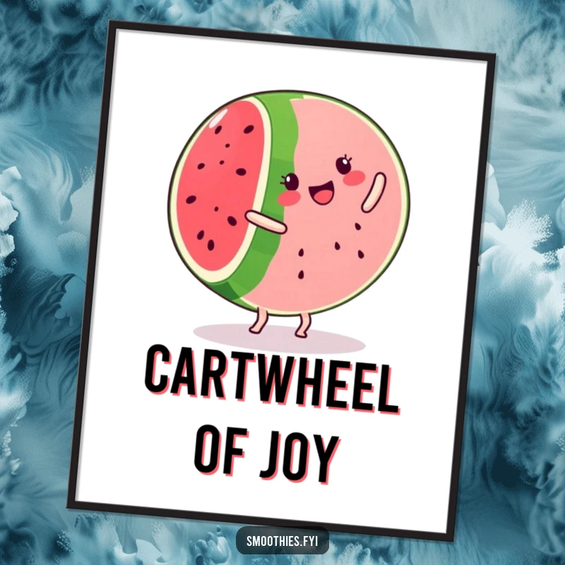 Funny kawaii watermelon slice poster, smiling and doing a cartwheel, vibrant and humorous wall decor.