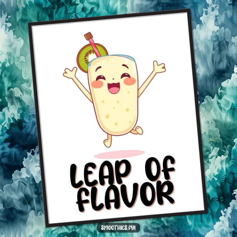 Funny poster art of an excited kiwi smoothie character jumping with glee, perfect for adding a touch of vibrant energy to decor.