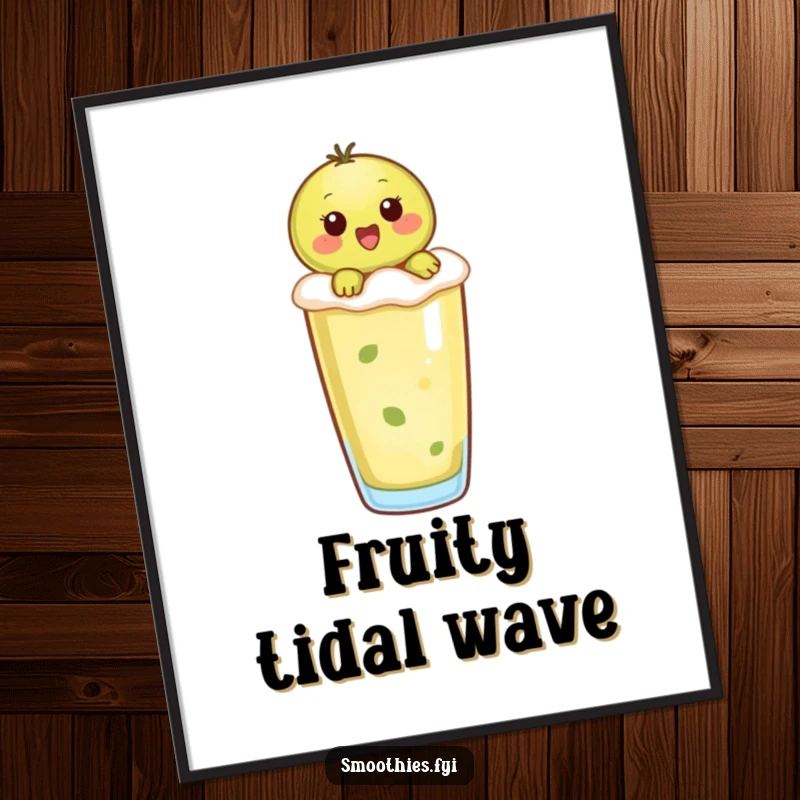 Funny kiwi character riding a frothy smoothie, a delightful and humorous piece of wall art.