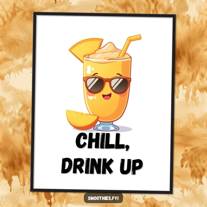 Funny mango smoothie artistically depicted wearing sunglasses on a poster, exuding coolness and charm. A humorous wall art.