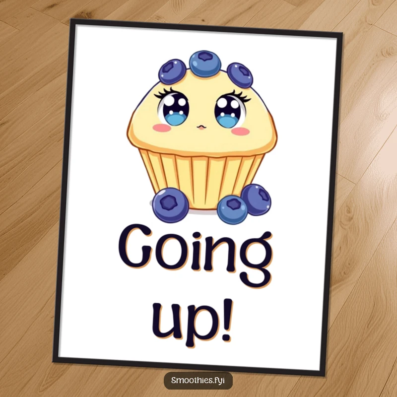 Funny Blueberry Muffin Poster depicting a surprised muffin with wide eyes, floating upwards, adding humor to walls.