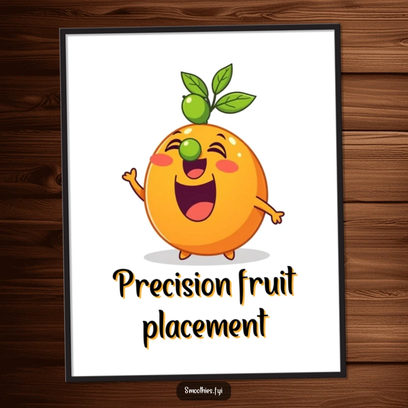 Funny poster art of an excited orange character perfectly balancing a lime on its nose, creating a comical scene.