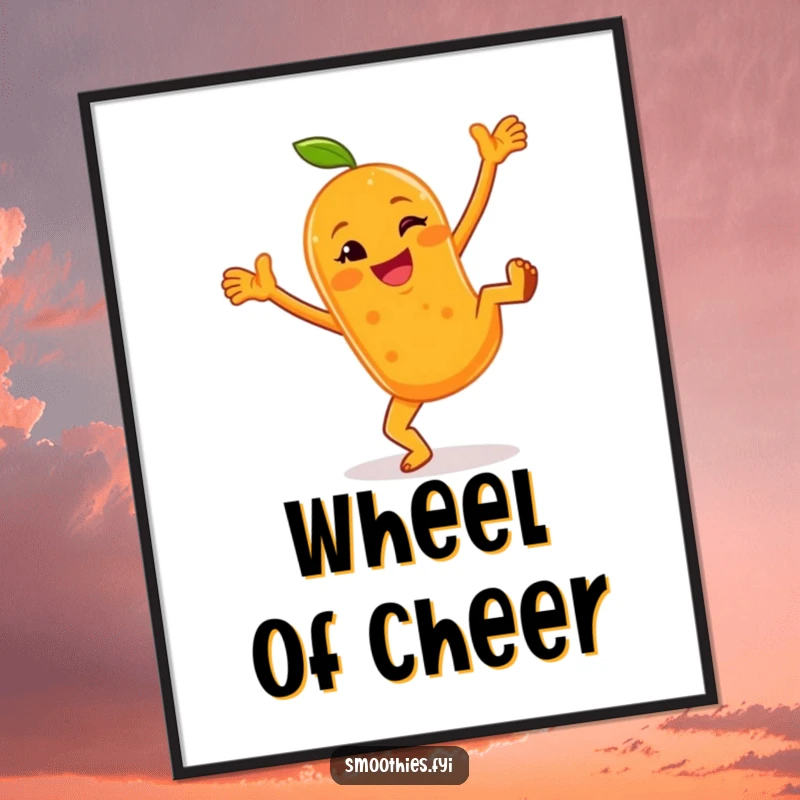 Funny poster of a cheerful anthropomorphic orange smoothie doing cartwheels with a wink, bringing an energetic and happy atmosphere to any room.
