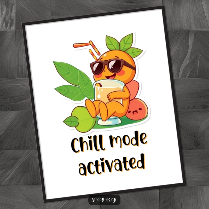 Funny orange character wearing sunglasses, chilling in a smoothie, displayed as vibrant wall art, bringing humor and color to any room.