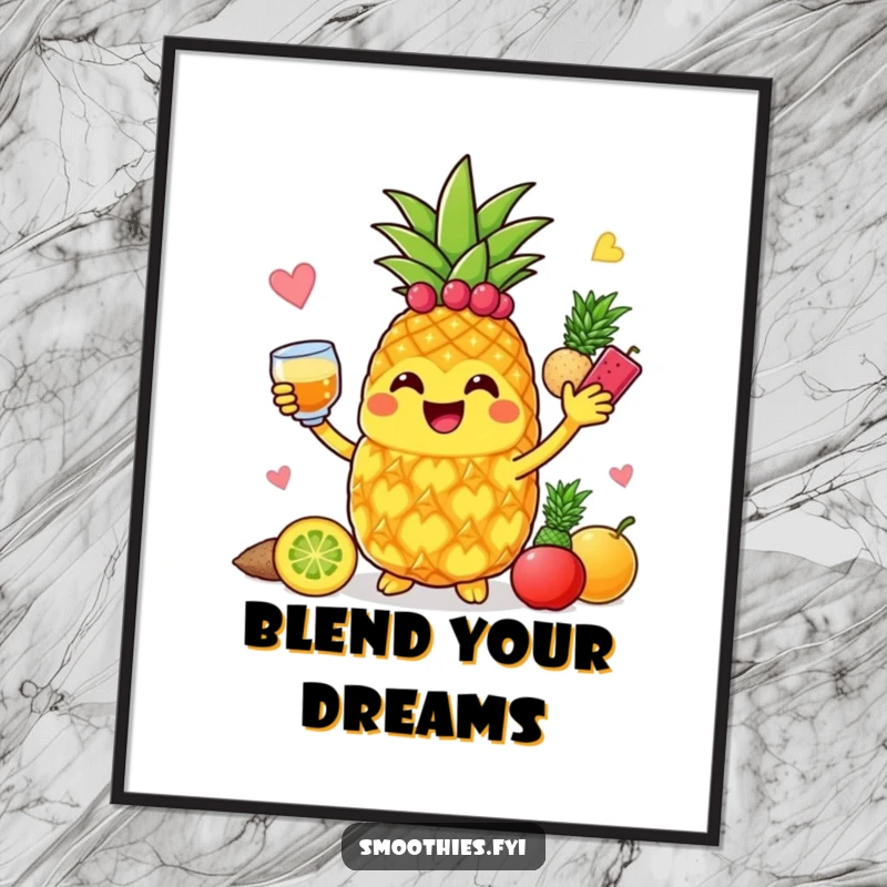 Funny jolly pineapple character blending colorful fruits with a smile, on a vibrant poster.