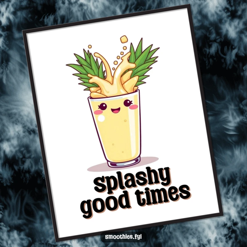 Funny pineapple smoothie artistically depicted splashing into a cup on a poster, radiating excitement and fun. A humorous wall art.
