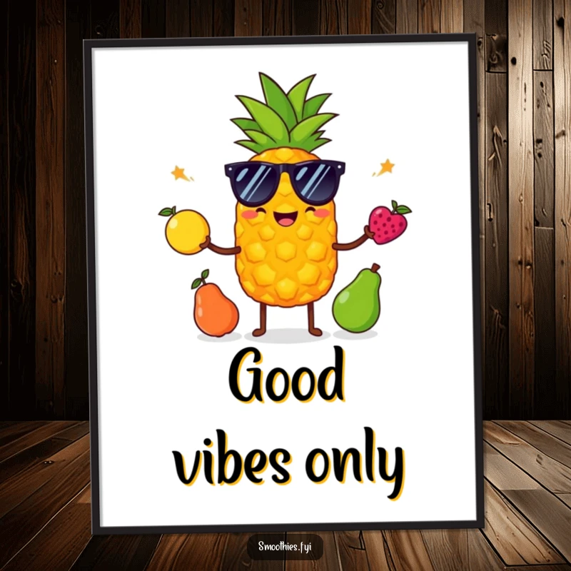 Funny pineapple wearing sunglasses juggles fruit on a poster, offering a lively, cool, and humorous decorative piece.