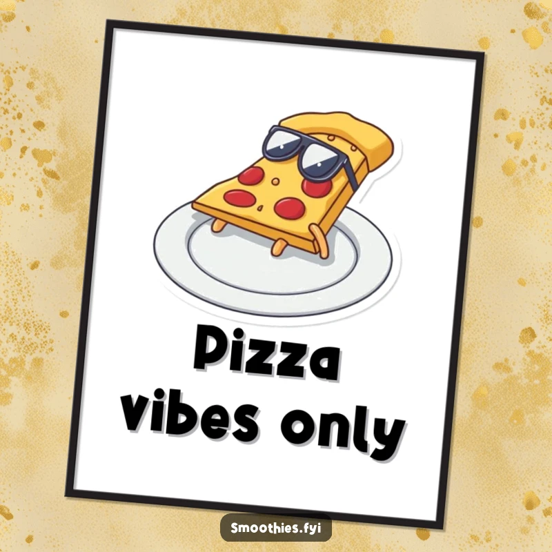 Funny pizza slice in sunglasses doing a cool slide on a plate, a humorous and eye-catching poster.