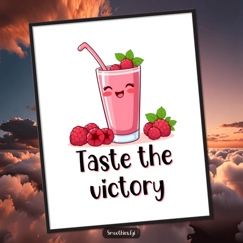 Funny raspberry smoothie poster showcasing a contented character raising a glass, adding celebratory humor to decor.