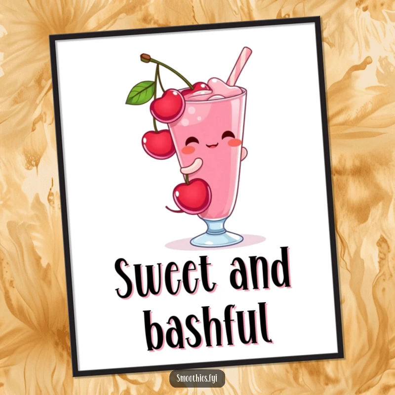 Funny shy cherry character blushing while pouring itself into a tall smoothie glass, featured on this poster.
