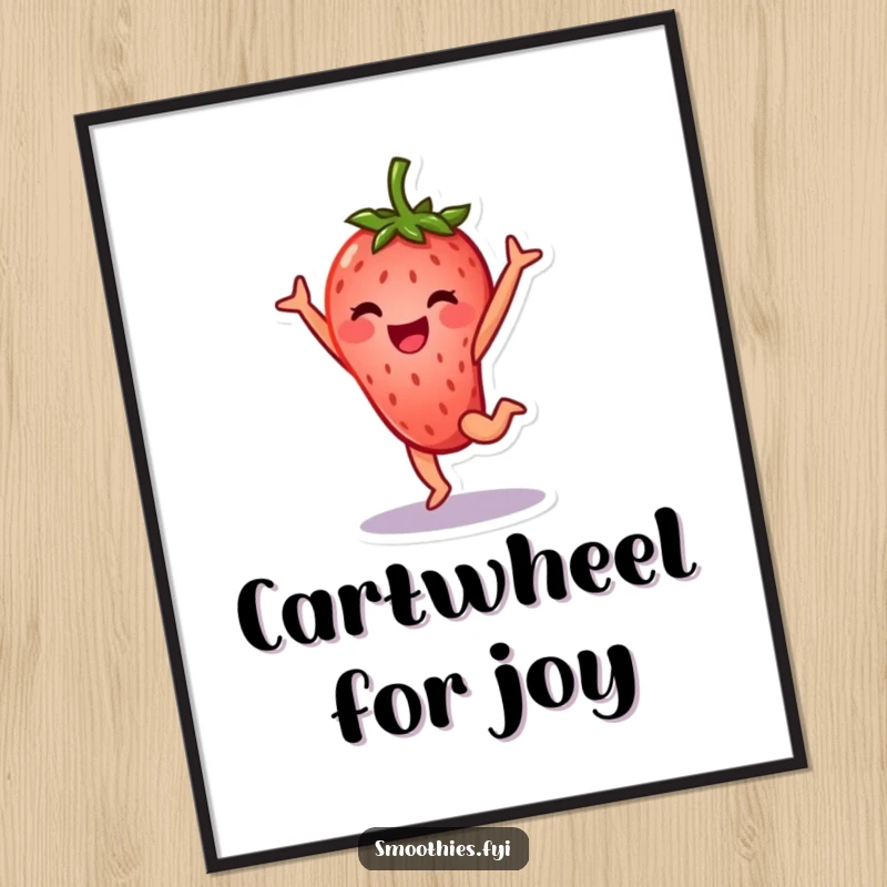 Funny strawberry character poster doing a cartwheel with a wide smile, dynamic and cheerful fruit illustration.