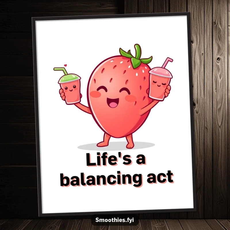 Funny Strawberry character cheerfully juggling tiny smiling smoothie cups, presented as cheerful wall art poster.
