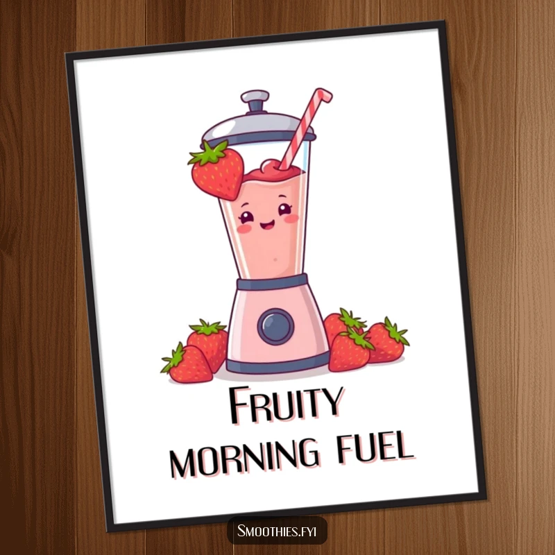 Funny strawberry smoothie artistically depicted blasting from a blender on a poster, bringing vibrant energy and humor. Ideal wall art.