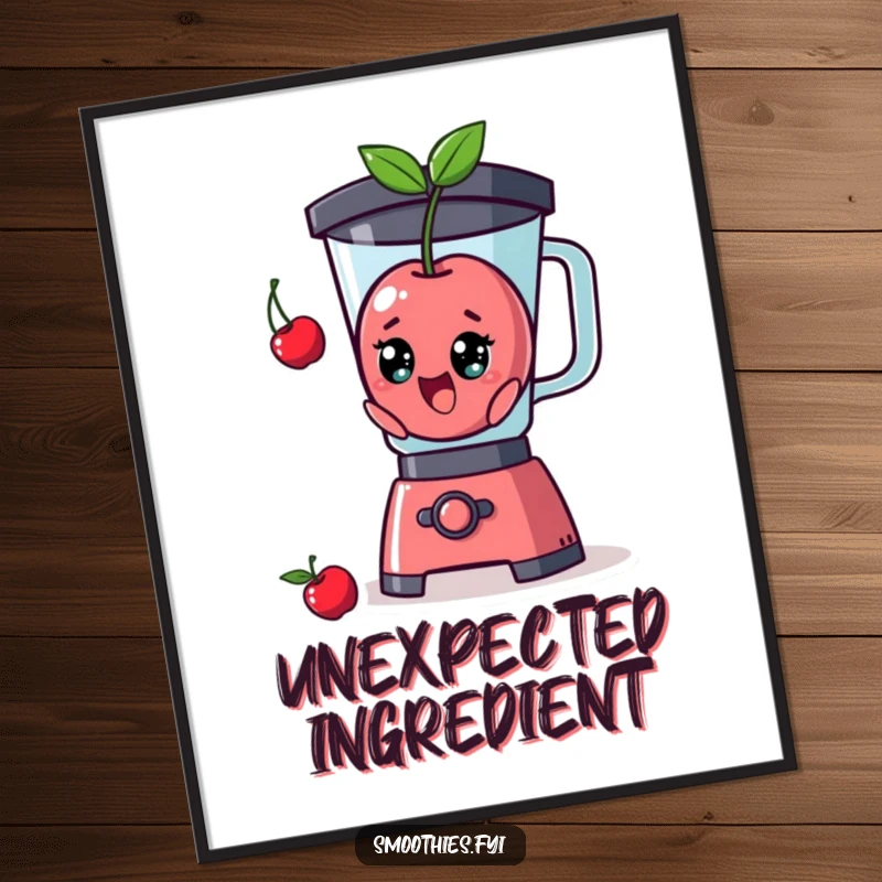 Funny surprised cherry character popping out of a blender illustrated on a wall poster, creating a humorous scene.