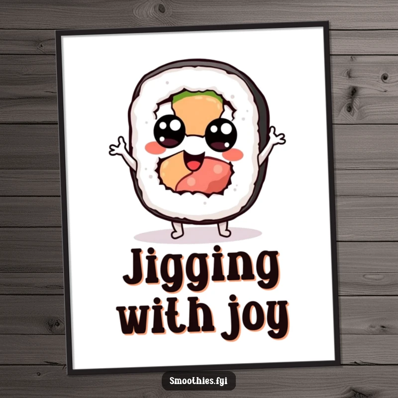 Funny sushi poster art of a googly-eyed sushi roll character doing a silly jig, adding dynamic humor to walls.