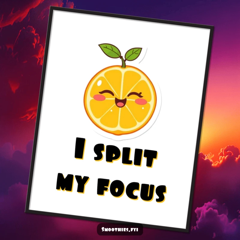 Funny poster featuring a cheerful tangerine winking as it splits in half, perfect for adding vibrant, humorous art to any room.