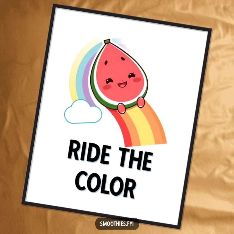 Funny grinning watermelon character poster sliding down a rainbow, vibrant and humorous fruit art.