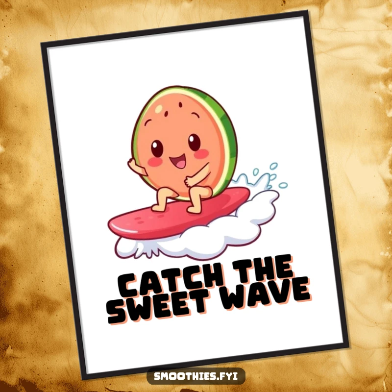 Funny poster featuring a cheerful watermelon slice surfing on a jelly wave, perfect for adding vibrant, humorous beach decor.