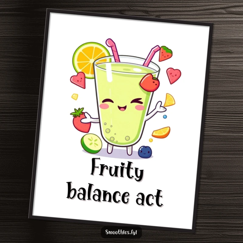 Funny Kawaii smoothie character winking while juggling colorful fruit pieces, bringing playful skill and charm to a vibrant poster.