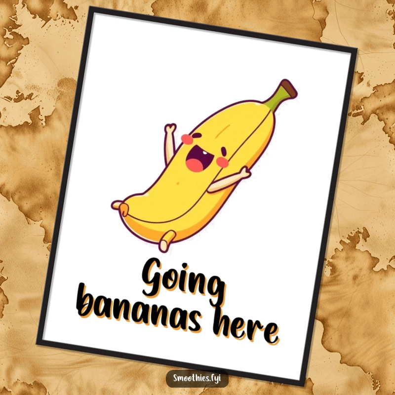 Funny poster art of a thrilled banana character in a dynamic somersault pose, bringing energy and fun.
