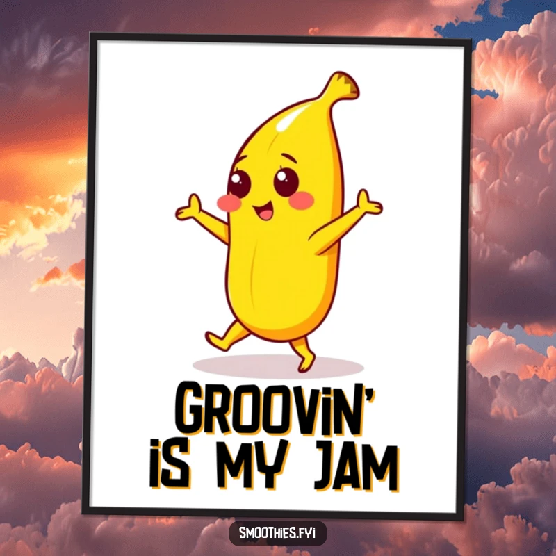 Funny poster featuring a bright yellow banana character in a playful dance, bringing cheerful energy and artistic fun to any wall.