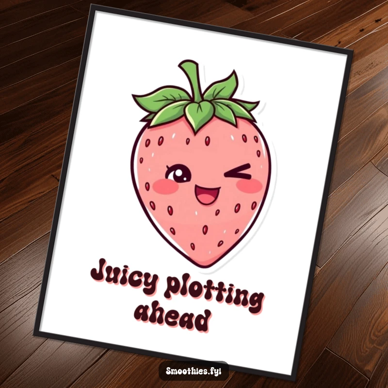 Funny poster featuring a cheerful strawberry character with a mischievous wink, bringing playful energy and artistic charm to any wall.