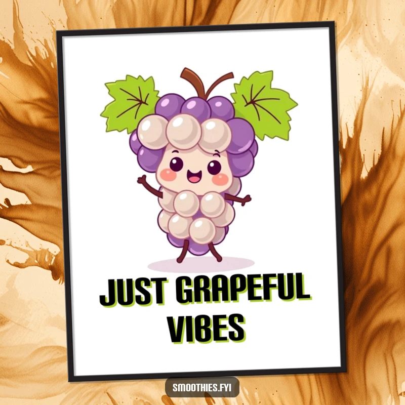 Funny kawaii grape bunch poster, captured mid-dance with a contagious smile, vibrant and humorous wall decor.