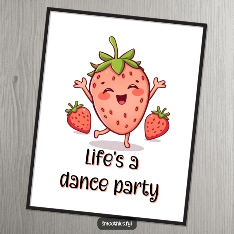 Funny poster illustration of a joyful strawberry character in a dynamic, silly dance pose, bringing energy to the room.